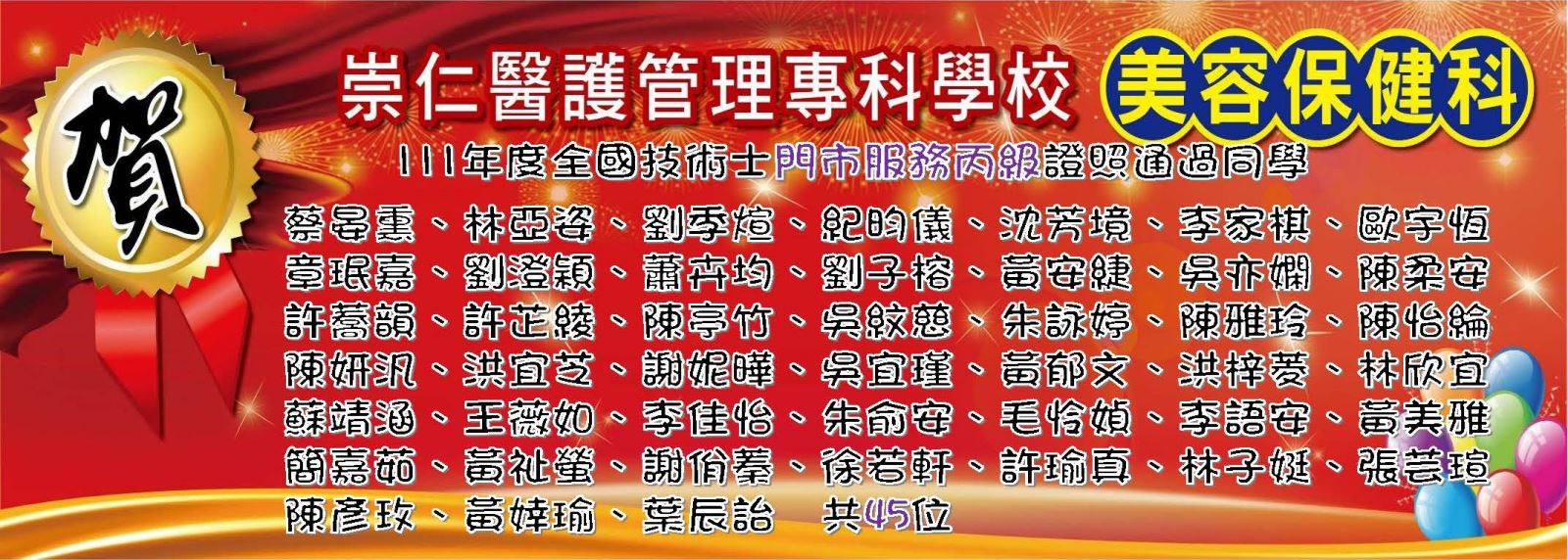 賀美容保健科蔡晏熏等45位同學111年度全國技術士門市服務丙級證照合格